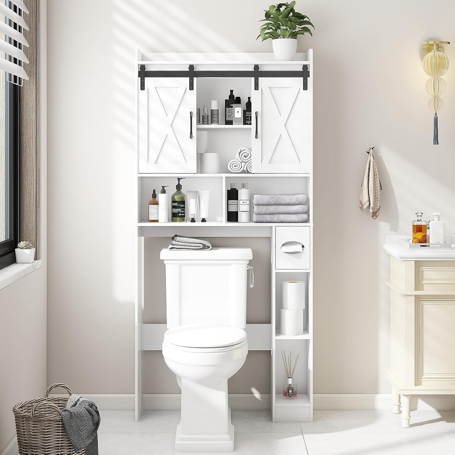 Vabches Over The Toilet Storage Cabinet, Farmhouse Storage Cabinet Over Toilet with Sliding Doors,Home Space-Saving Toilet Rack, for Bathroom, Restroom, Laundry