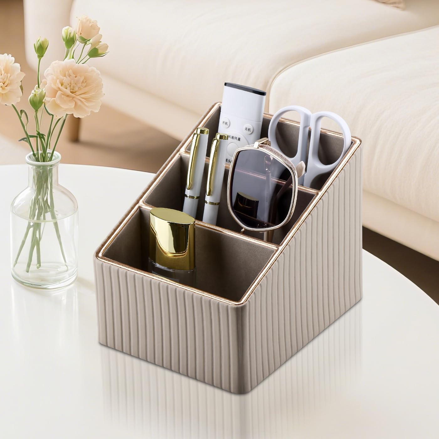 KINGFOM 3 Slot PU Leather Remote Controller Holder, Home Sundries Storage Box, TV Guide/Mail/CD Organizer/Caddy/Holder with Free Cable Desk Organizer (Dark Beige)