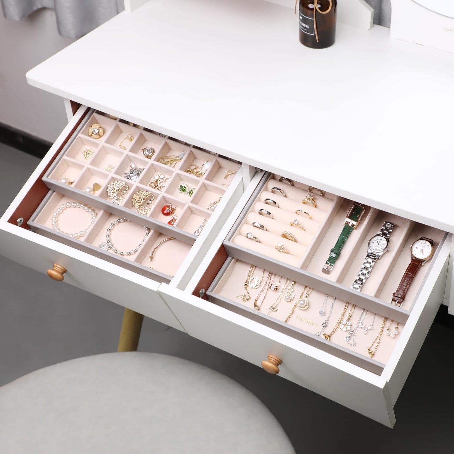 LANDICI Stackable Jewelry Organizer Trays 4 Set,PU Leather Jewelry Organizer Drawer,Jewelry Storage Display Tray for Earring Necklace Rings Bracelet with Removable Dividers,Grey
