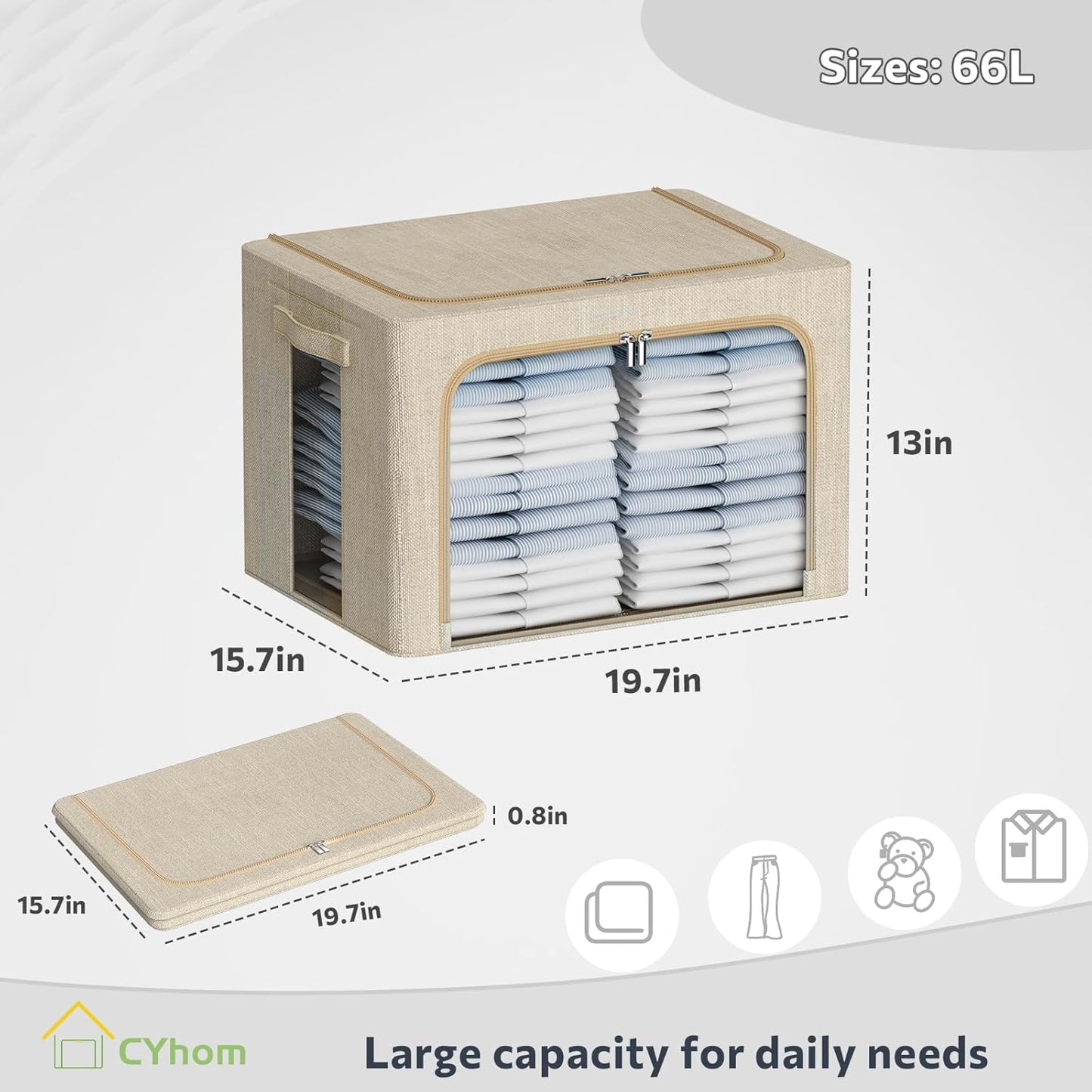 CYhom Clothes Storage Bins Box - Linen Fabric Foldable Stackable Container Organizer Set with Clear Window & Carry Handles & Metal Frame - 2Pack Large Capacity for Bedding, Blankets, Books