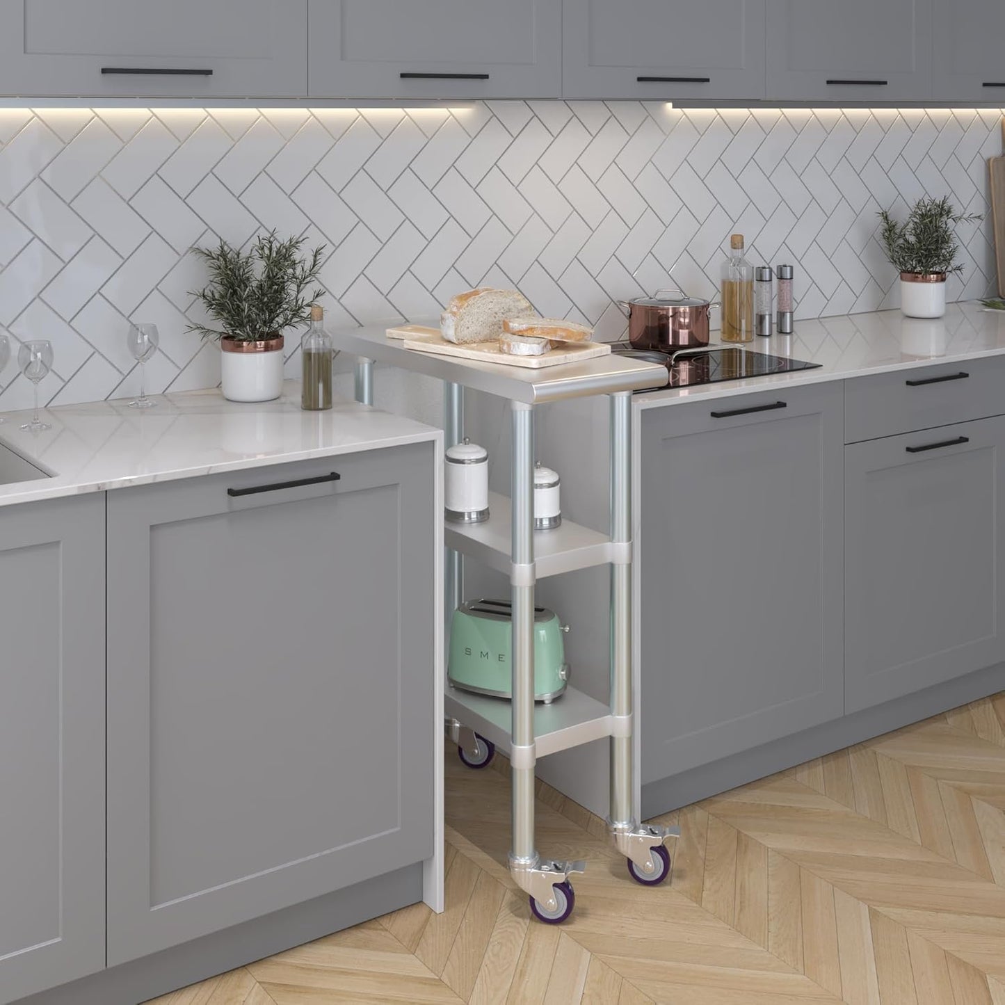AmGood Stainless Steel Work Table with 2 Shelves and Casters | Metal Utility Table On Wheels (Stainless Steel Work Table with 2 Shelves + Casters, 12" Long x 30" Deep)