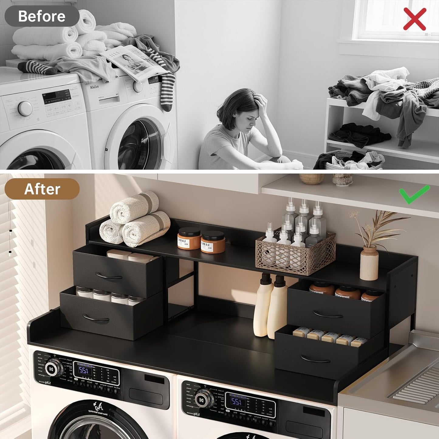 4 Drawers Washer Dryer Countertop with Shelf, 27.5" D x 54" W Laundry Topper with 3.54" High Guardrails and Non-Slip Pads,Extra Storage Organizer for Over Washer and Dryer, Holds 66 Lbs, Black