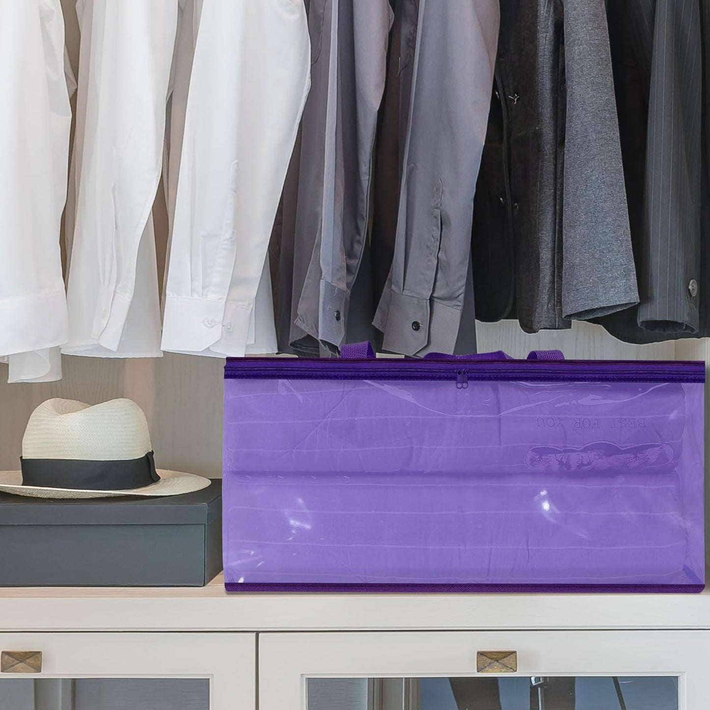 Vieshful Purple 40L Clear Clothes Storage Bag Colorful Clothes Organizer with Zipper Vinyl Storage Bag for Comforter, Blanket, Bedding, Duvet, Transparent Moving Totes 5 Pack