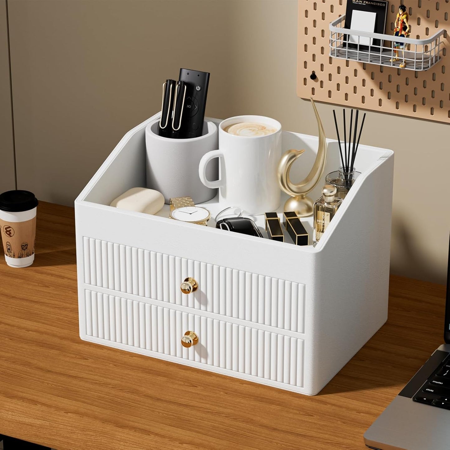 Desk Organizer,Beige White Vegan Leather Desk Accessories & Workspace Organizers with 2 Drawers & Tray,Key Holder with Gold-Tone Metal Accents knob,Jewelry Box,Nightstand