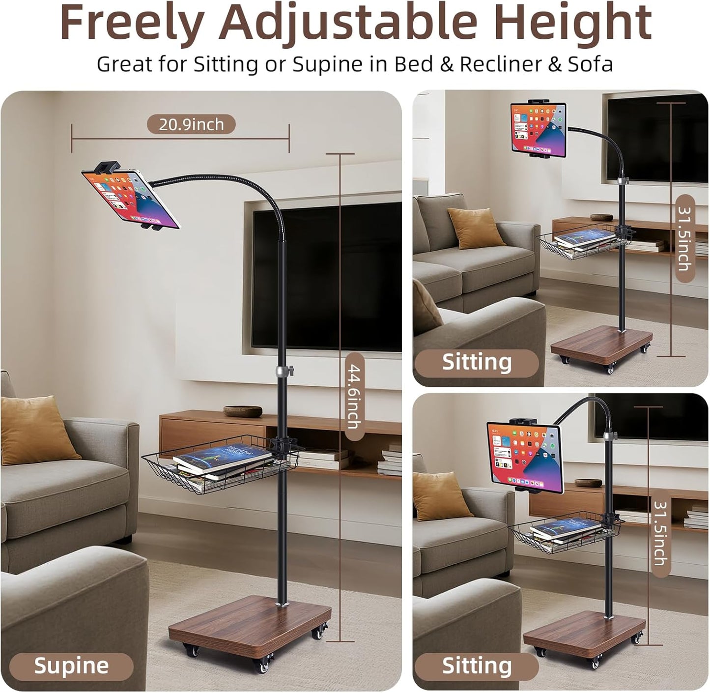 wishacc Adjustable Floor Tablet Stand with Rolling Base, Flexible Gooseneck Mount, Wood Platform, Mobile Device Holder for Indoor Use