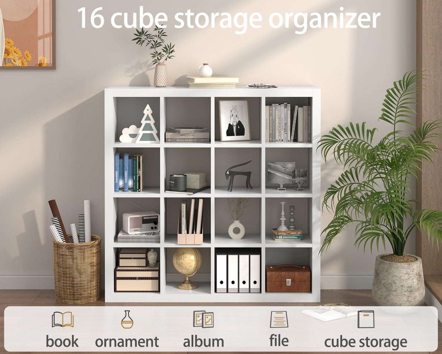 furtble Bookshelf with Storage Bins, 16-Cube Storage Organizer with Back Panels, Modern Wood Open Bookcase, Multifunctional Display Shelf for Living Room, Bedroom, Home Office, White