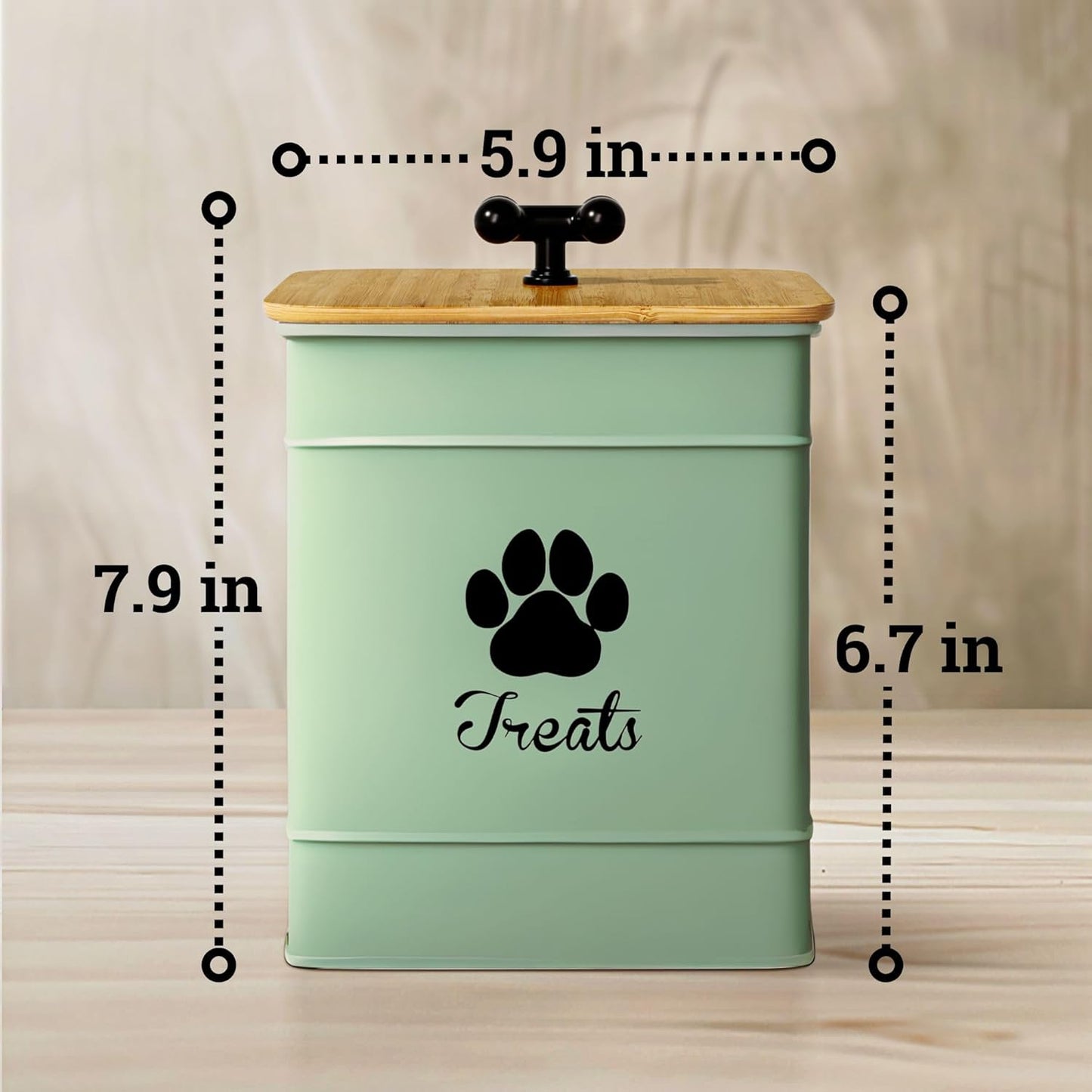 Dog Treat Container Airtight - 6 Inch Wide x 8 Inch Tall Iron Dog Treat Jar for Kitchen Counter with Airtight Bamboo Lid - 12 Cup Capacity Pet Treat Container - Doggie Cookie Jar - Big Treats Canister