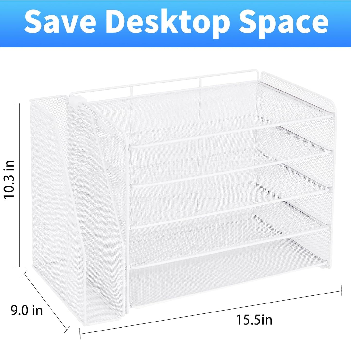 OPNICE 5-Tier Paper Organizer with Magazine Holder, Desk Organizers and Accessories, Office Desk Accessories & Workspace Organizers, Desktop File Organizer for Office Supplies Storage, White