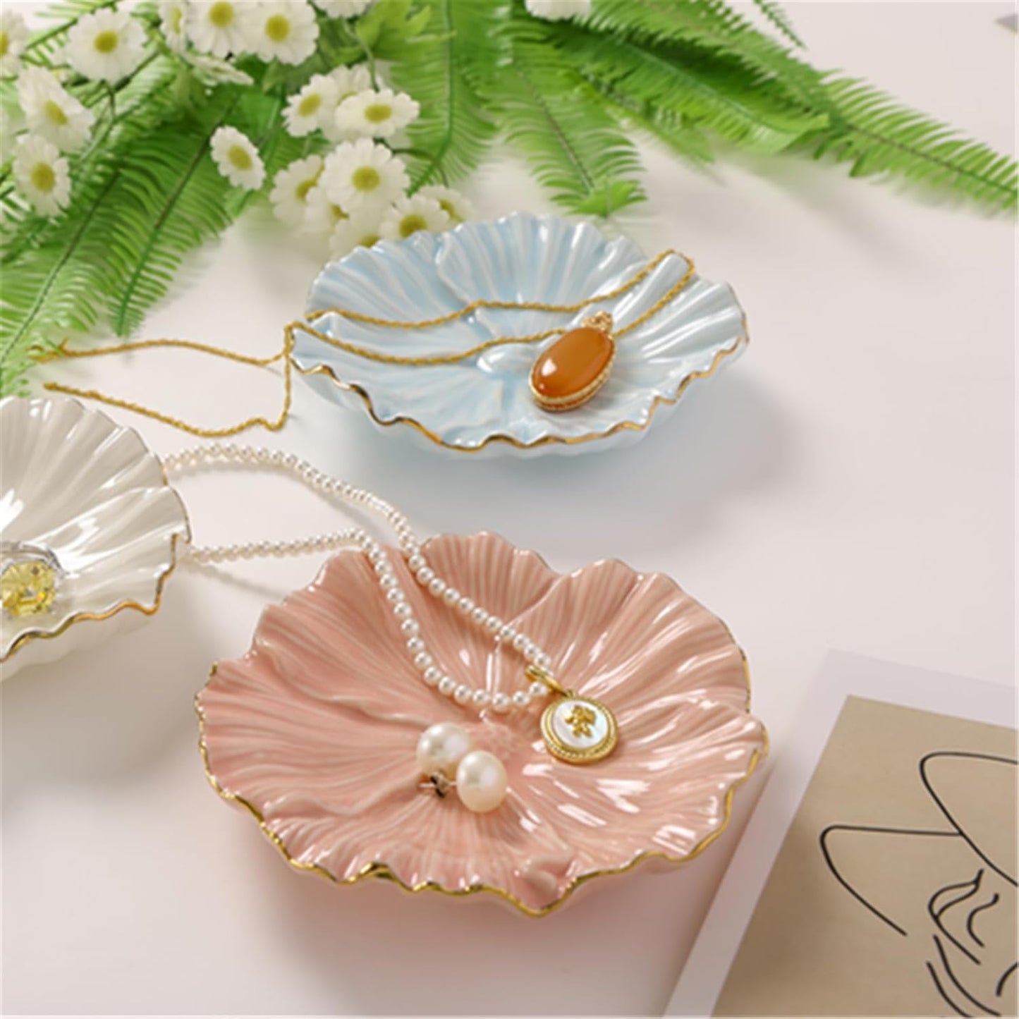 Flower Ring Dish, Ceramic Ring Holder Jewelry Tray Trinket Dish, Fairy Organizer Plate Vanity Decorations, Gifts for Friends Sisters Daughter Mother (Pink)