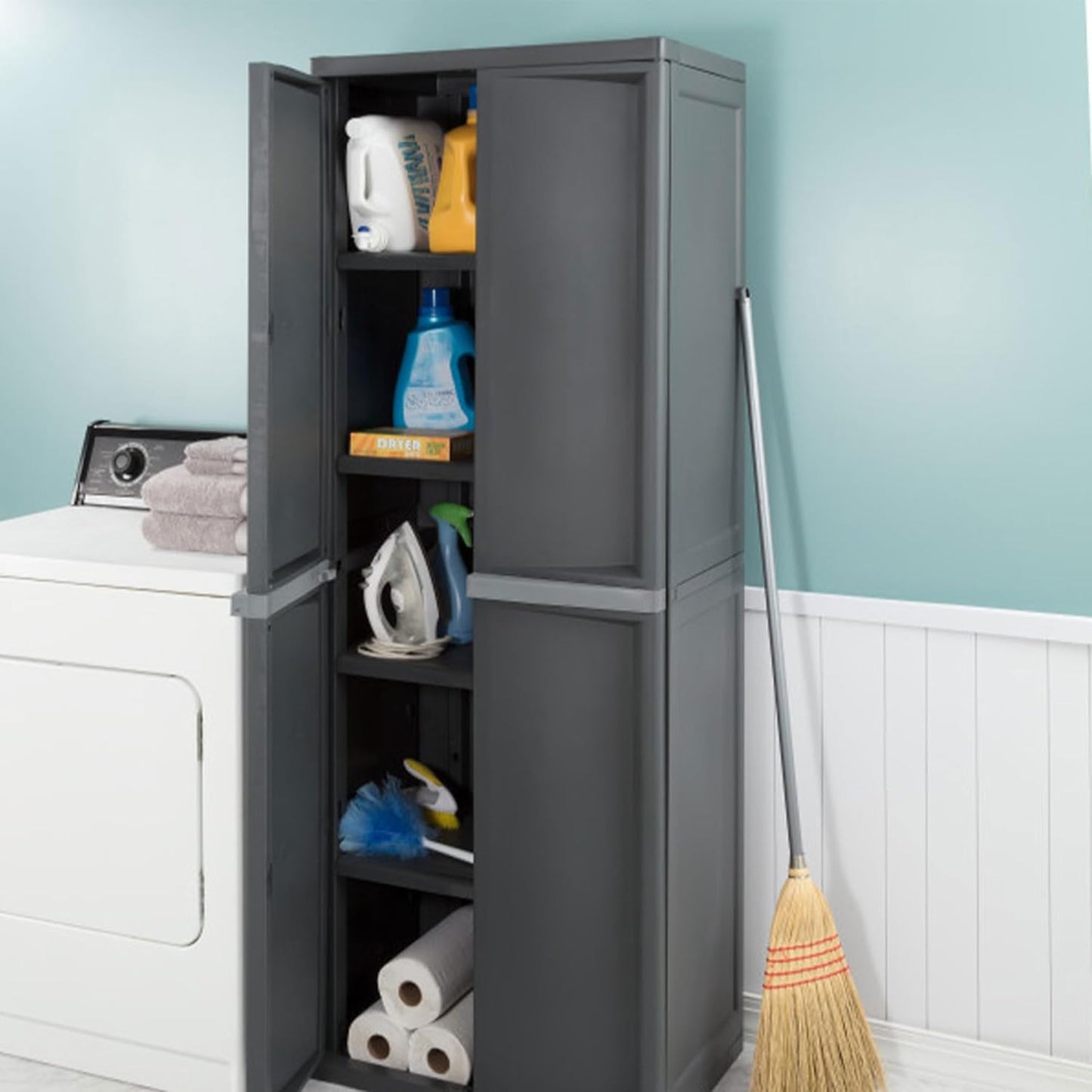 Sterilite 2-Pack 4 Shelf Cabinet, Lockable Utility Storage w/ Adjustable Shelves, Gray - Plastic Shelving Unit for Organizing Garage, Pantry, Basement, Laundry Room or Mudroom