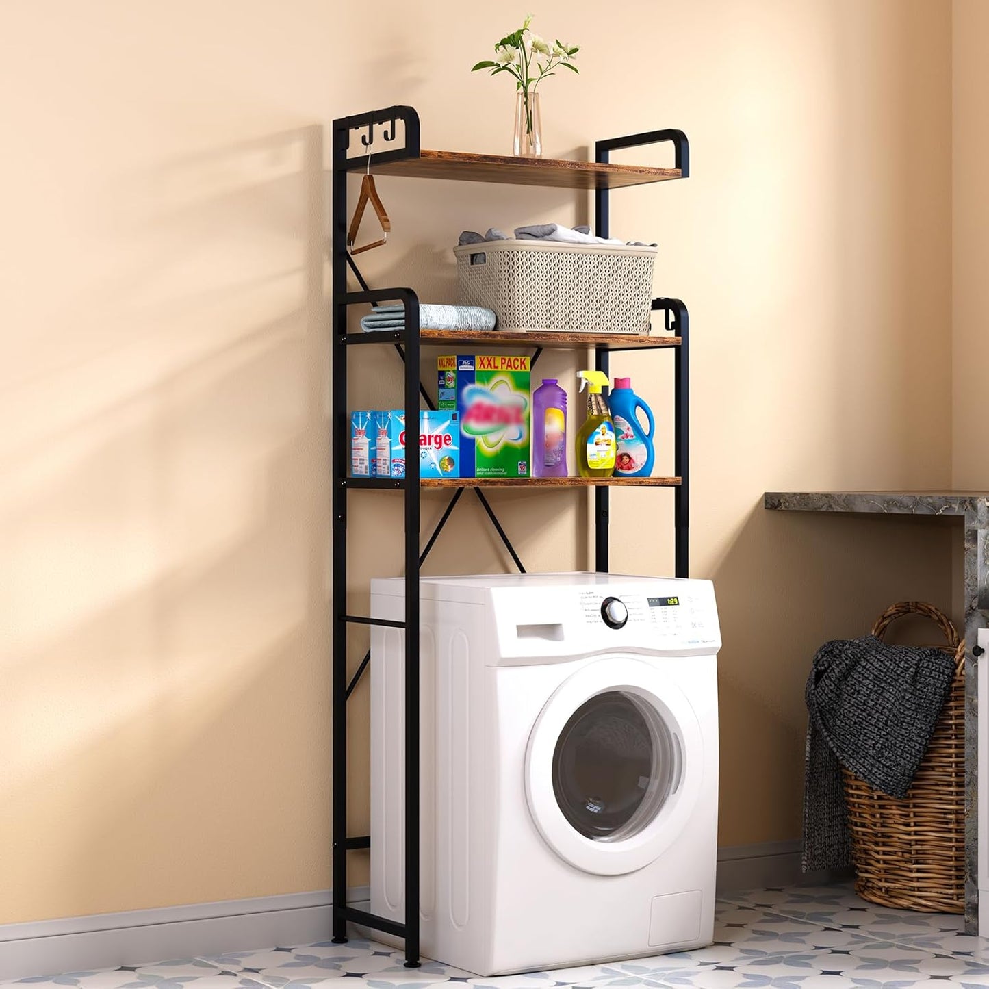 Over The Toilet Storage Rack with 3-Tier Bathroom Shelves, Space Saver Toilet Shelf, Bathroom Storage Organizer with Hooks for Over Toilet Storage and Shelf (Rustic Brown)