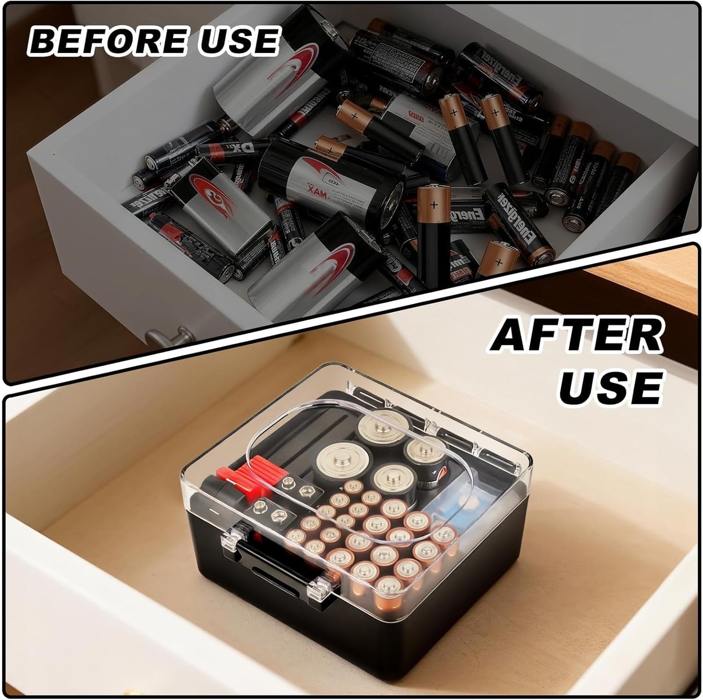 Battery Storage Organizer Box, Holder Container Bag for 28+ AA AAA C D 9V 3V Lithium Button Coin Batteries, Plastic Home Batteries Variety Pack Protective Organization(Case Only), Tester Not Included