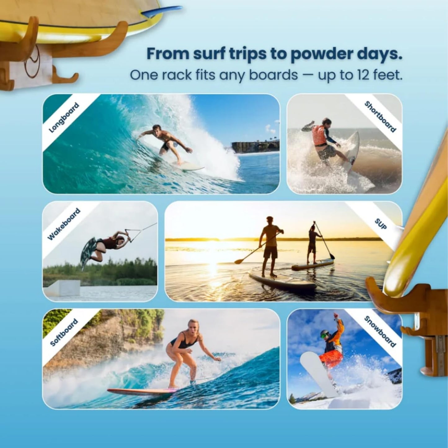 LISS Solo Rack – Wall Mount Surfboard Holder for ONE Board – Bamboo Board Rack with Interchangeable Arms & Hidden Storage Drawer – Fits Shortboards, Longboards, SUPs, Wakeboards, Snowboards up to 12ft