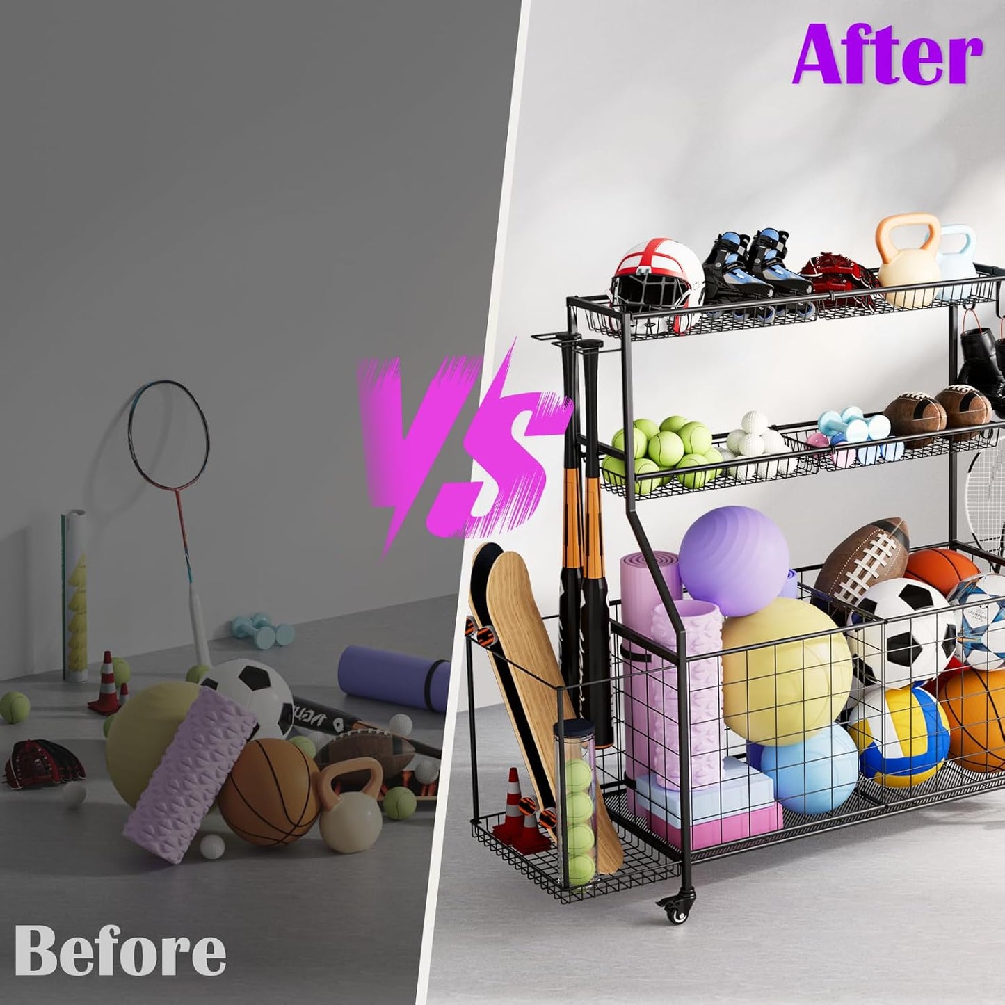 Sports Equipment Organizer, Outdoor Toy Storage - Garage Storage with 2 Side Racks & Removable Baskets, Heavy-Duty Garage Organization Ball Cart with Wheels for Sports
