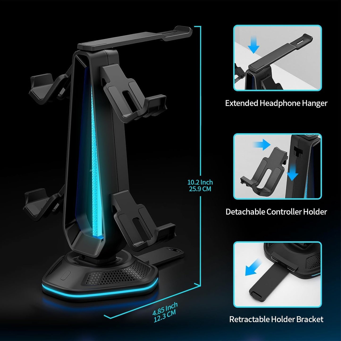 RGB Headset Stand with 9 Light Modes and 2 USB Charging Ports - Controller Holder for Desk - Headphone Stand & Detachable Controller Hook for PC Earphone Gaming Room Setup Accessories