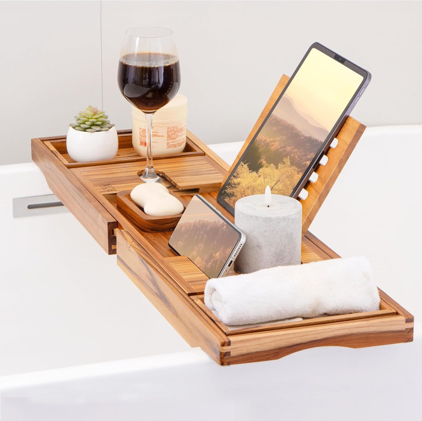 XcE Teak Bathtub Caddy Tray - Expandable to 41 Inches with Book Stand, Soap Holder & Anti-Slip Pads for Luxury Bath Spa, Teak