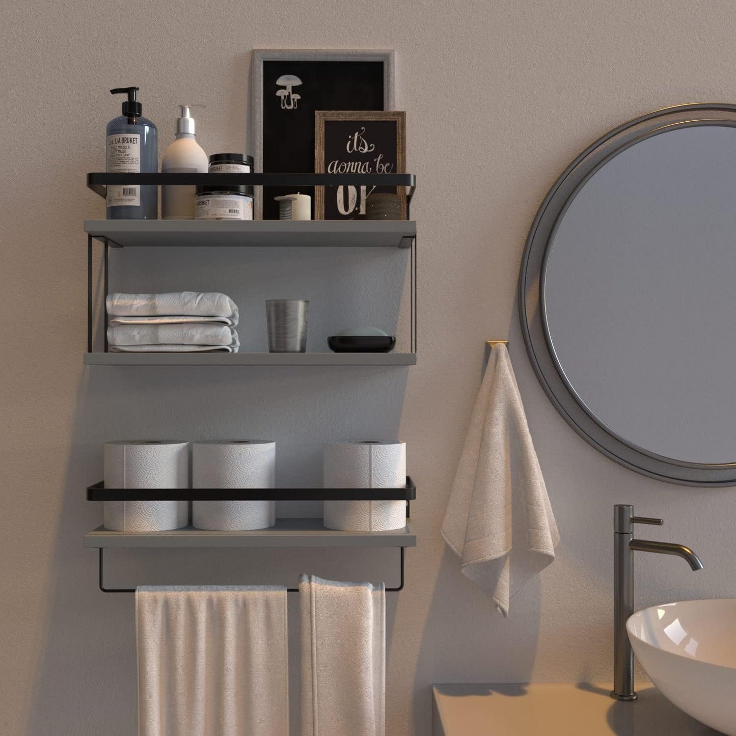 RICHER HOUSE 2+1 Tier Wall Mounted Floating Shelves Set of 2, Rustic Wood Wall Shelf with Metal Frame, Extra Storage Rack for Bathroom, Kitchen, Bedroom with Tissue Rack & Towel Bar - White Gold