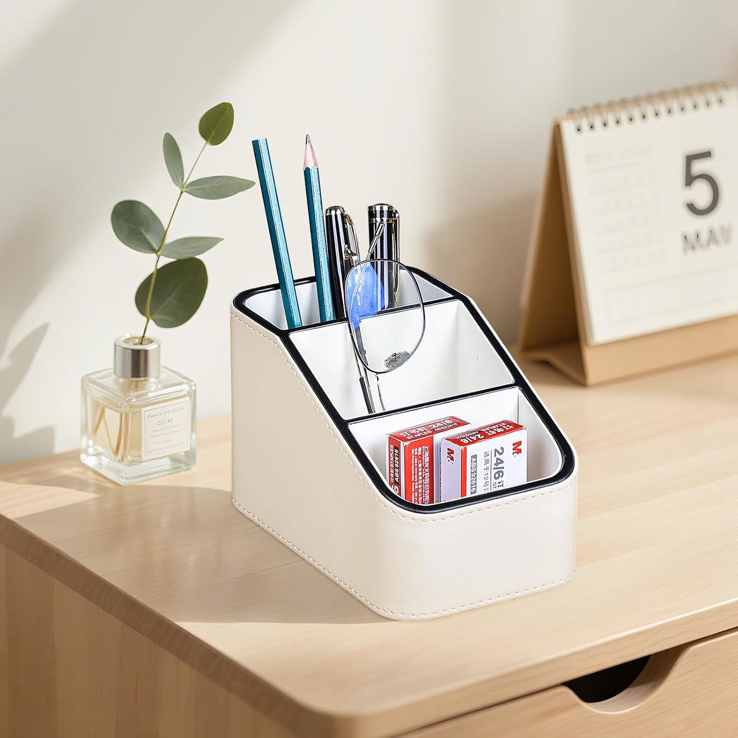 PU Leather Remote Control Holder, Small Desk Organizer Office Supply Bedside Caddy for Nightstand End Table Couch, Pen Remote Organizer with 3 Compartments (Cream)