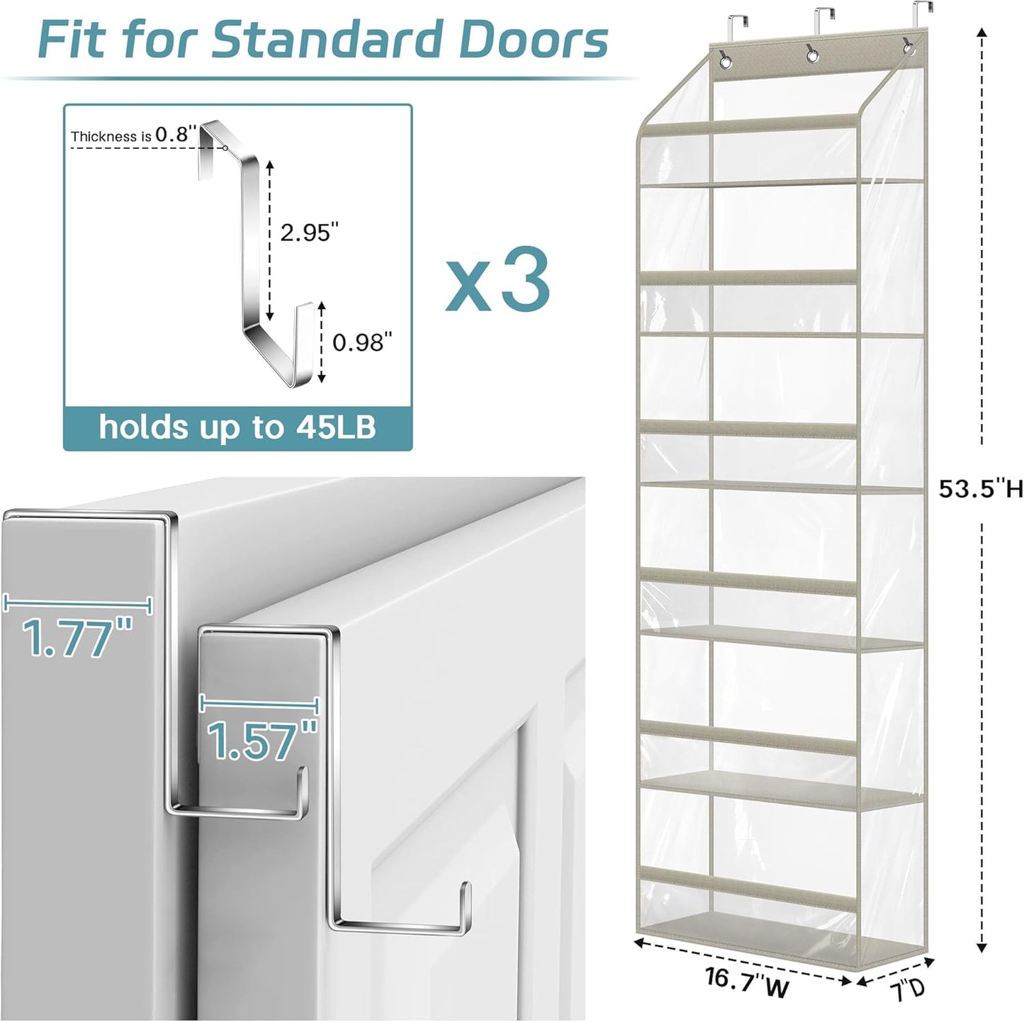 AOODA Clear Over the Door Hat Racks for Baseball Caps, Large Holds up to 72 Caps Hat Storage Organizer for Closet Wall, Deep Pockets Hanging Snapback Holder Shelves with 3 Hooks, Grey
