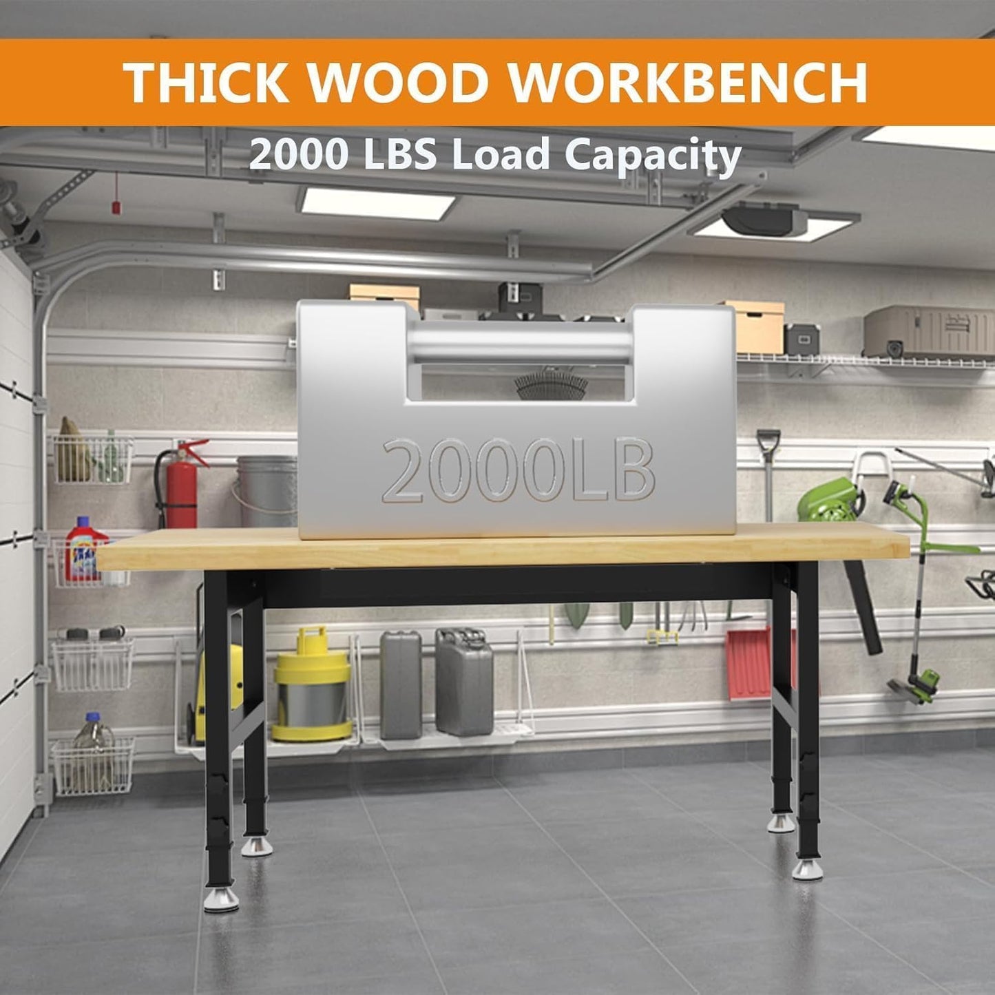 60" Adjustable Height Work Bench, Heavy-Duty Thicker Workbench, 2000 LBS Load Capacity Work Table for Garage, Workshop, Office, Home