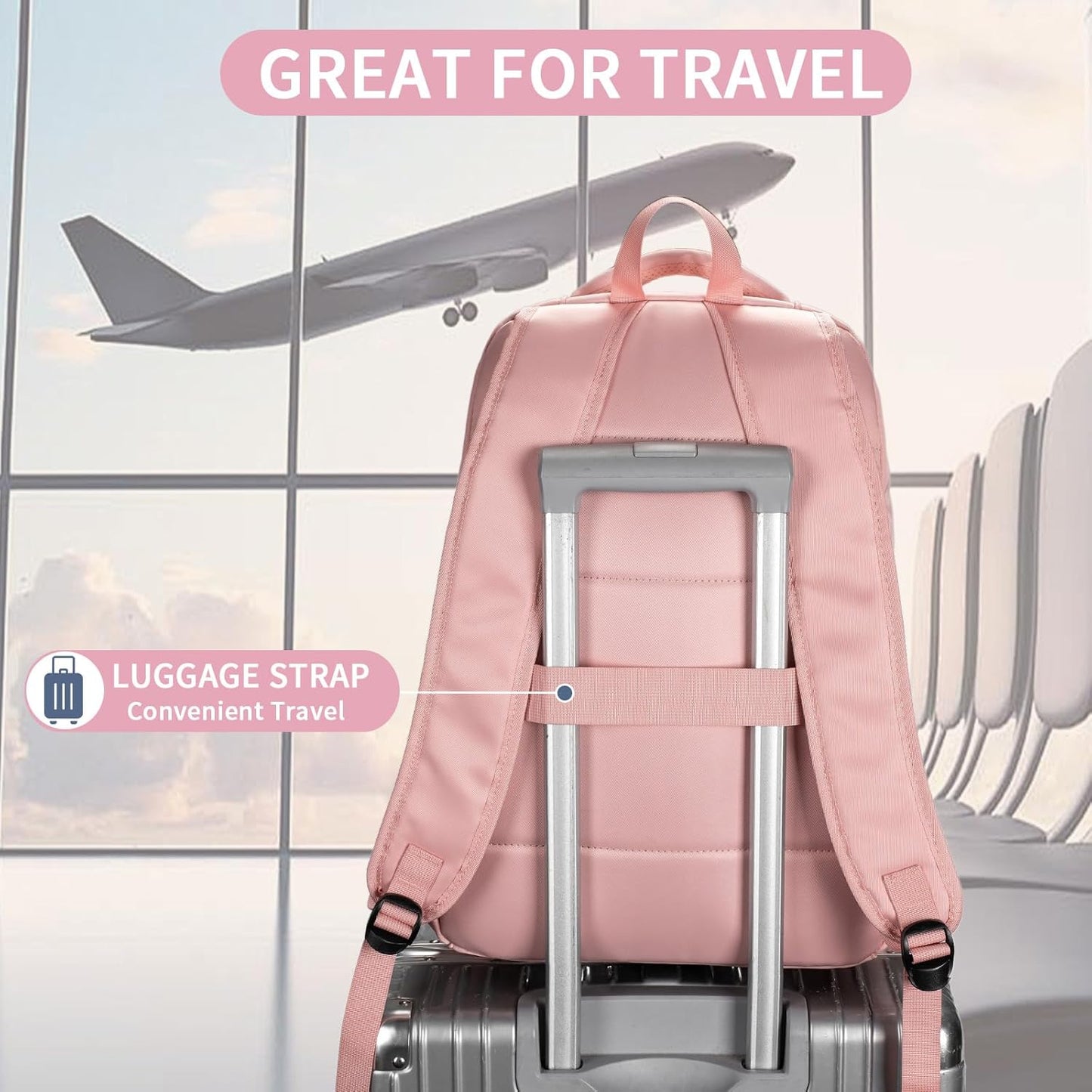 Della Gao College Laptop Backpack with Pencil Case, Pink Travel Backpack for Women, Waterproof Computer Back Pack for Travel, Business, Work, College (Pink, 15.6 Inch)