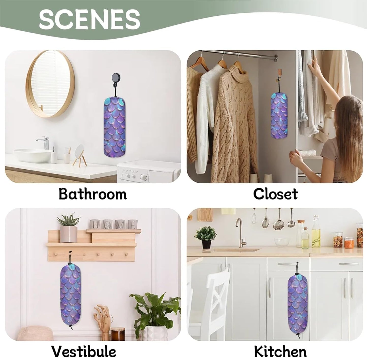 Purple Mermaid Scales Plastic Bag Holder 2 Pcs Grocery Bag Organizer Reusable Trash Bags Organizer Wall Mount Washable Kitchen Dispenser Holders with Drawstring Closure
