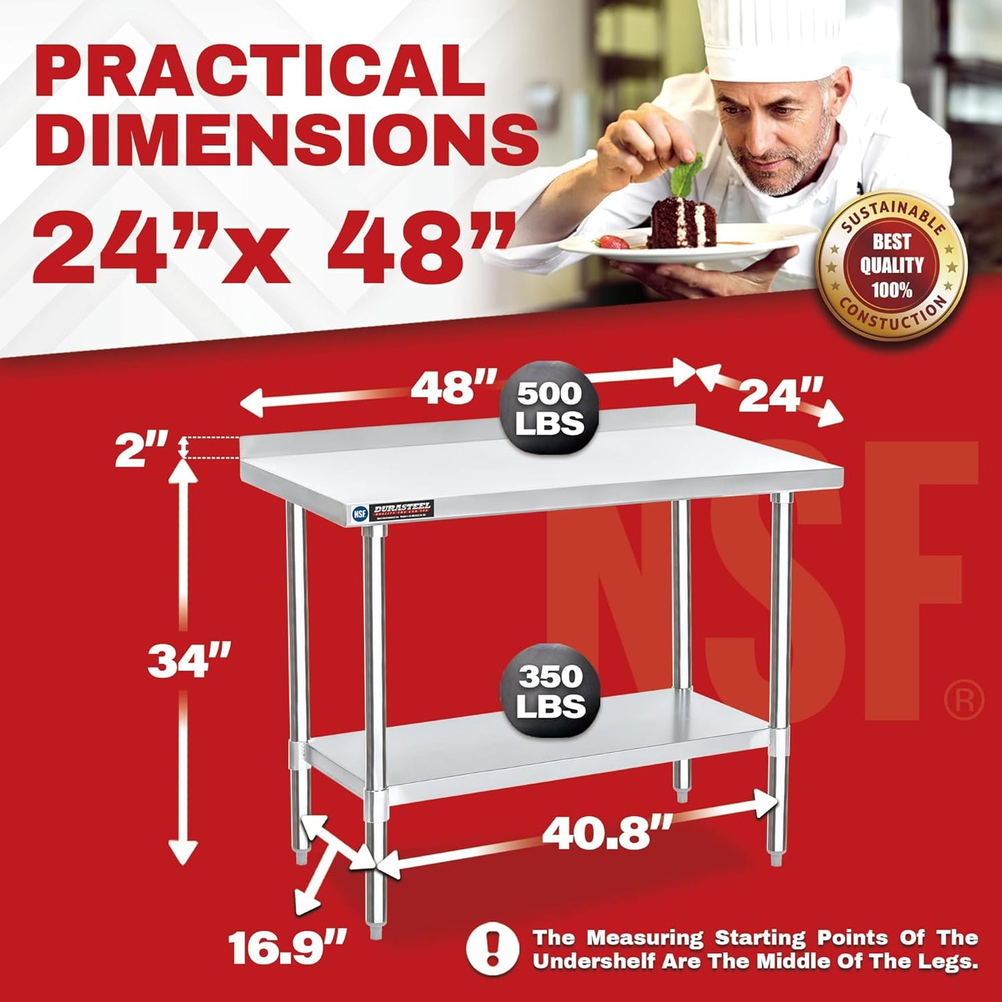 DuraSteel NSF Commercial Kitchen Table - 24 x 48 Inch Cooking Prep Stainless Steel Kitchen Island Workstation w/ Adjustable Under Shelf - Heavy Metal Backsplash Workbench For Restaurant, Home, Garage