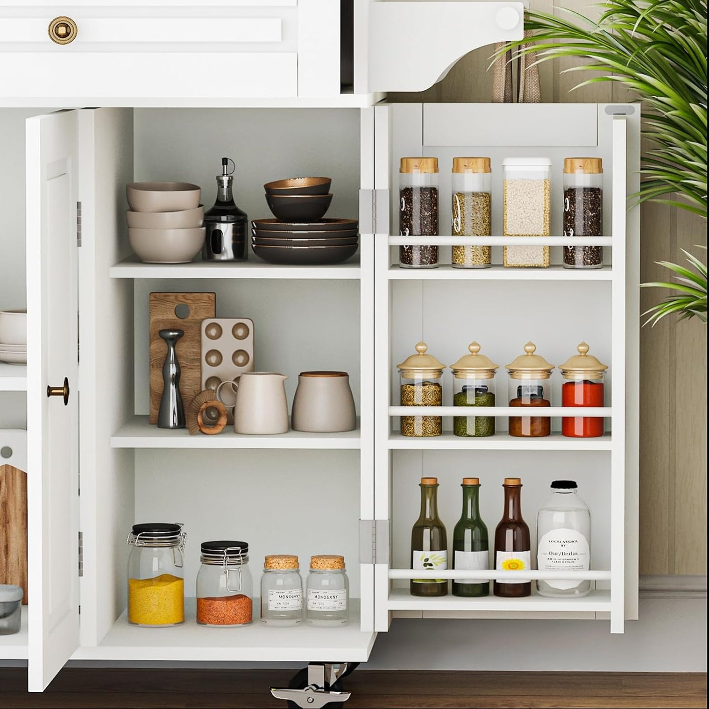 59’’ Rolling Kitchen Island Cart with Drop Leaf and Power Outlet, Movable Kitchen Islands with 3-Tier Door Storage Shelf, Island Table on Wheels, 2 Large Drawers, Towel Racks, White