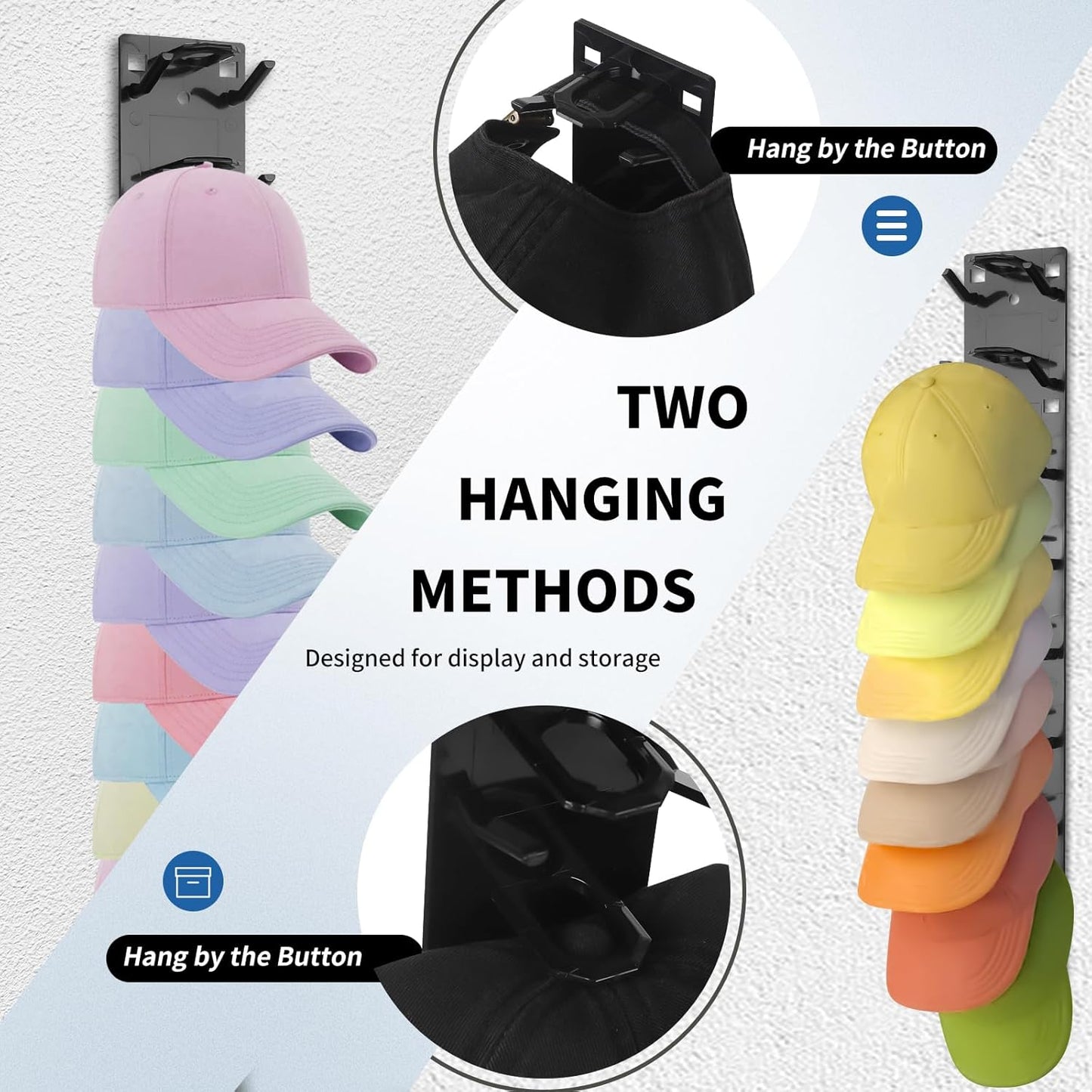 Hat Organizer for Baseball Caps,Hat Rack for Wall to Organize Collections& Reduce Clutter,Strong Adhesive Mount Holds 18 Hats,No Drilling,Closet Door and Bedroom,Gift for Hat Lovers(2PCSBlack)