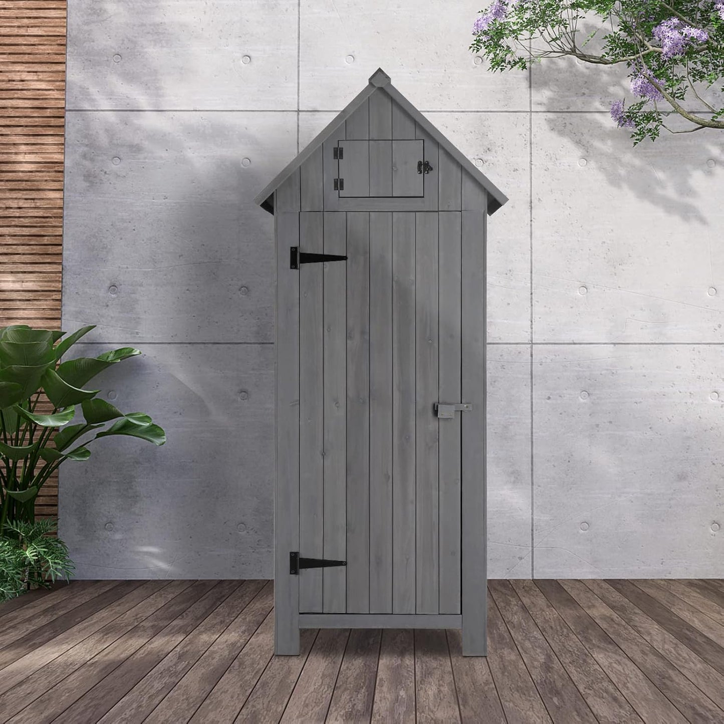 Outvita 70in Outdoor Storage Shed, Waterproof Wooden Garden Storage Cabinet with Lockable Door, Grey