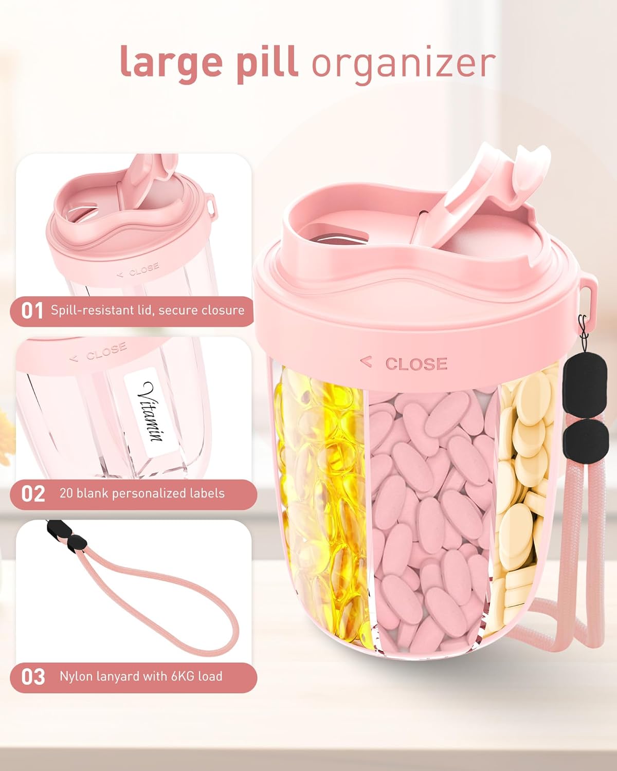 Large Pill Organizer,Supplement Organizer for 7 Different Vitamins,Pill Dispenser with Anti-Mixing Design,Easy to Retrieve Meds,Includes 20 Pcs Labels,Travel Pill Organizer(Pink)