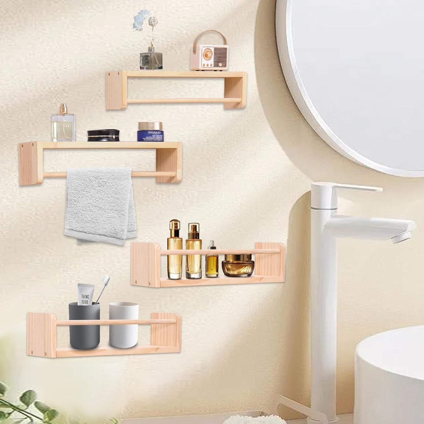 Set of 4 Wall-Mounted Kids Bookshelf - Pine Floating Nursery Book Shelves - Ideal for Nursery Shelf Decor ,Kids Room Toy Storage