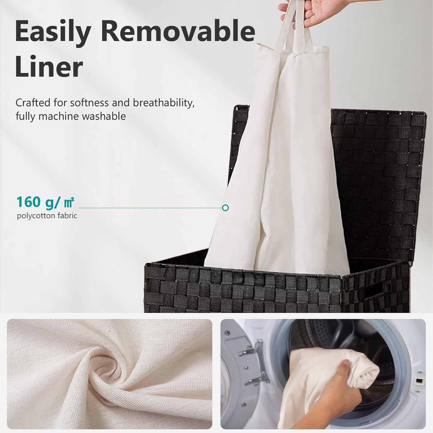 Foldable Laundry Hamper Basket with Lid by Fiona's magic, Handwoven 96L Large Clothes Hamper with Removable Liner Bags, Collapsible Tall Hamper for Bedroom, Bathroom and Dorm Organizer, Black
