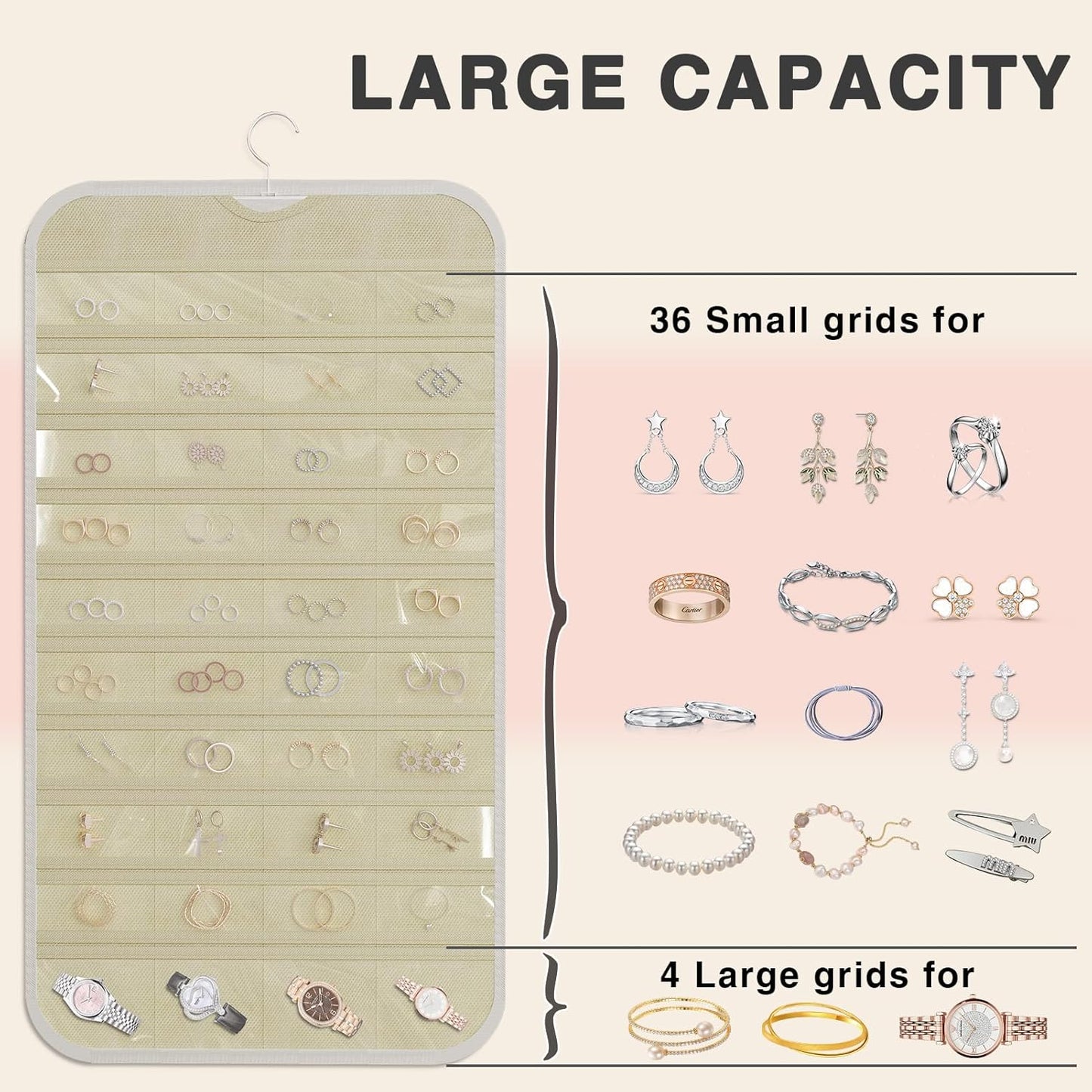 Hanging Jewelry Organizer Storage, 40 Pockets 36 Hooks Necklace Earring Bracelet Ring Organizer, Double - Sided Design, White and Beige