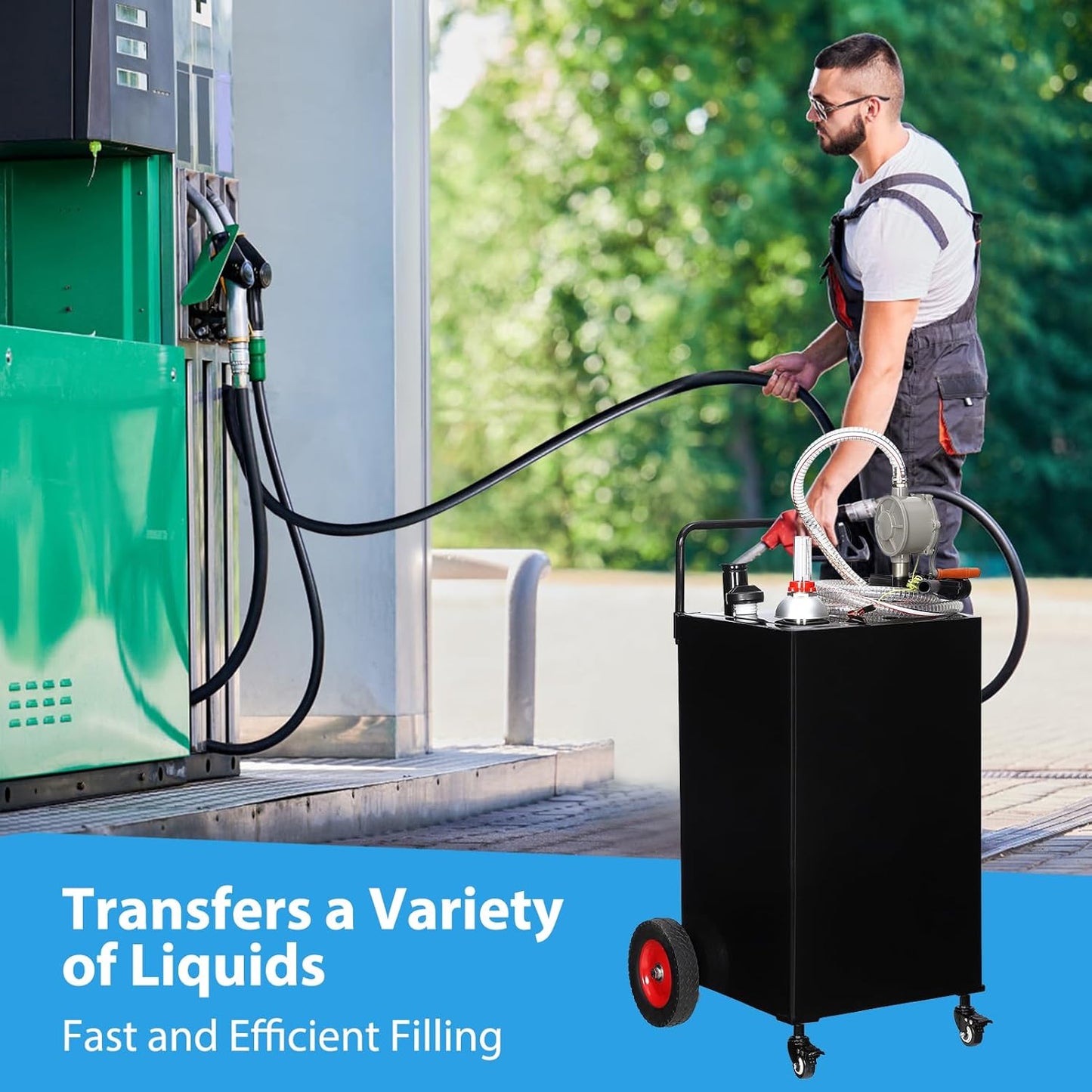 30 Gallon Gas & Diesel Fuel Caddy with Transfer Pump – Mobile Fuel Storage Tank with 4-Wheel Cart for Boats, Lawn Mowers, Snowblowers, Motorcycles & Construction Equipment - Black