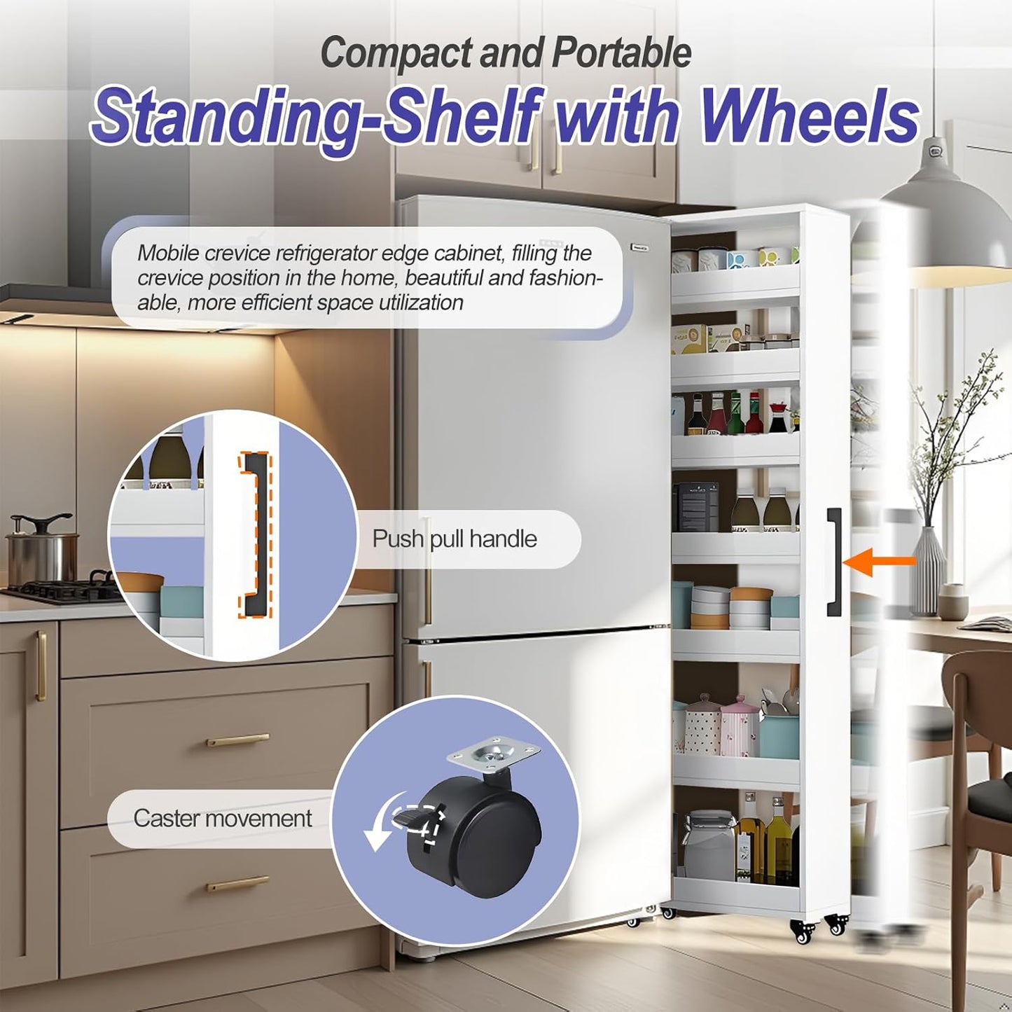 7-Tier Slim Storage Cart, Wooden Rolling Pantry Cabinet with Wheels, Narrow Shelf Organizer for Kitchen, Bakers Rack, Dining Room, Closet, Small Spaces Gray 73.2''H*9.8''W*19.6''D