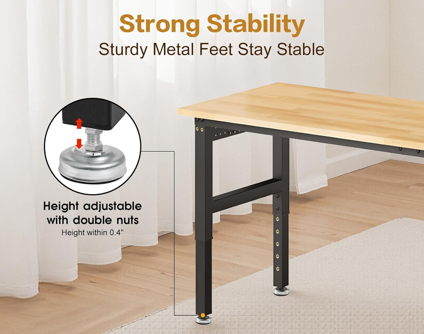 72” Heavy Duty Workbench, 5000 LBS Capacity Adjustable Work Bench with Pegboard and Power Outlet, Rubber Wood Work Table for Garage, Office, Workshop, Home