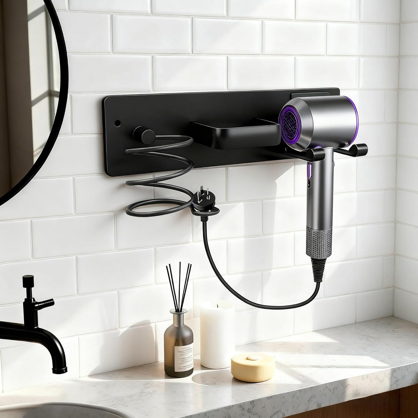 Hair Dryer Holder Blow Dryer Holder for Wall Mount Curling Iron Holder Flat Iron 3 in 1 Bathroom Hair Tool Organizer Rack, Matte Black
