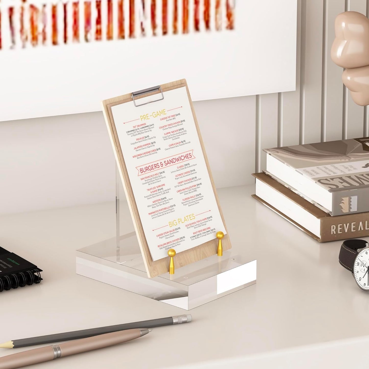 Acrylic Easel Display Stand with Adjustable Gold-Toned Hardware for Pictures, Crystal Clear Acrylic Stand with Floating Appearance for Cookbook, Invitation and Plates, 2-Packs