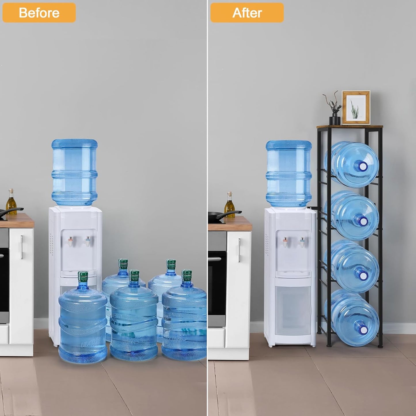 smusei Water Jug Holder Stand 5 Gallon Water Bottle Holder with Shelf, Heavy Duty 4-Tier Water Bottle Organizer Rack 5 Gallon Water Dispenser Stand for Home Office, Rustic Brown