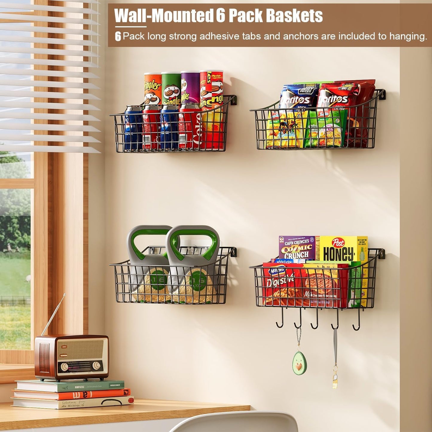 Sonyabecca 6 Pack Hanging Wall Basket for Organizing, EXTRA Large Wire Basket for Pantry with 5 S Hook+6 Adhesive Hook, Wall Mounted Shelf for Kitchen,Bedroom, Bathroom RV,Garage Organization& Storage