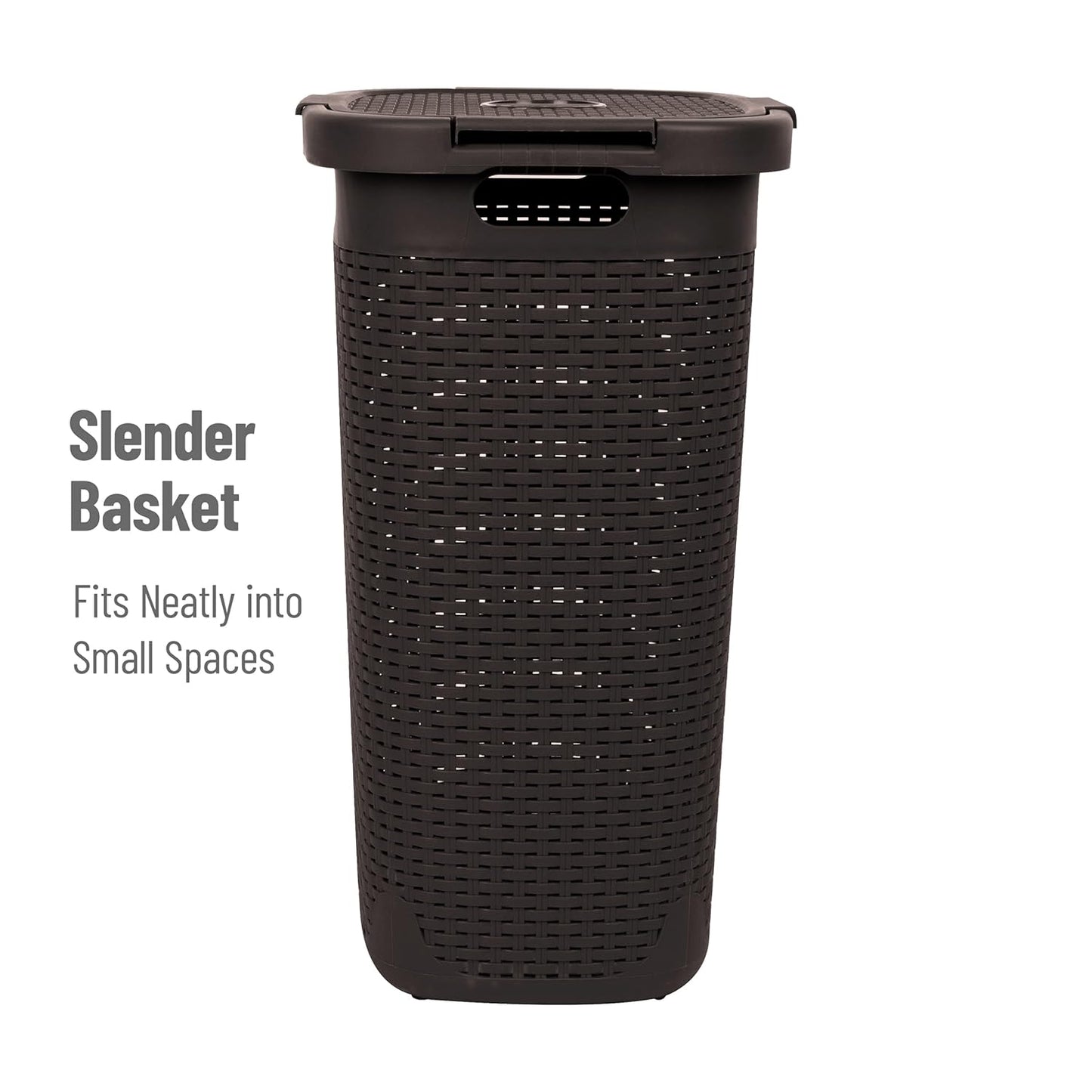 Mind Reader Slim Laundry Hamper with Lid, 60L Clothes Basket, Premium Wicker Design, Plastic, Brown