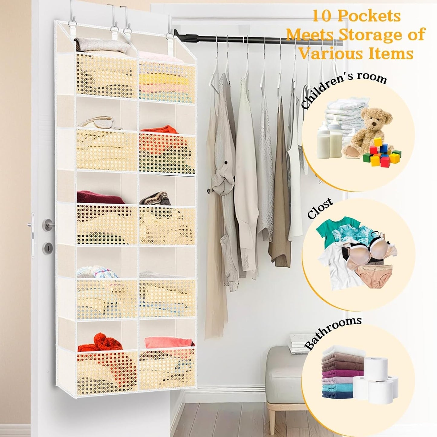 Over The Door Organizer 5 Tiers, Extra Large Behind Door Storage of 10 Compartments, 80 lbs Weight Capacity Hanging Storage Organizer with Clear Window Kids Toys, Shoes,Diapers, Braided Style