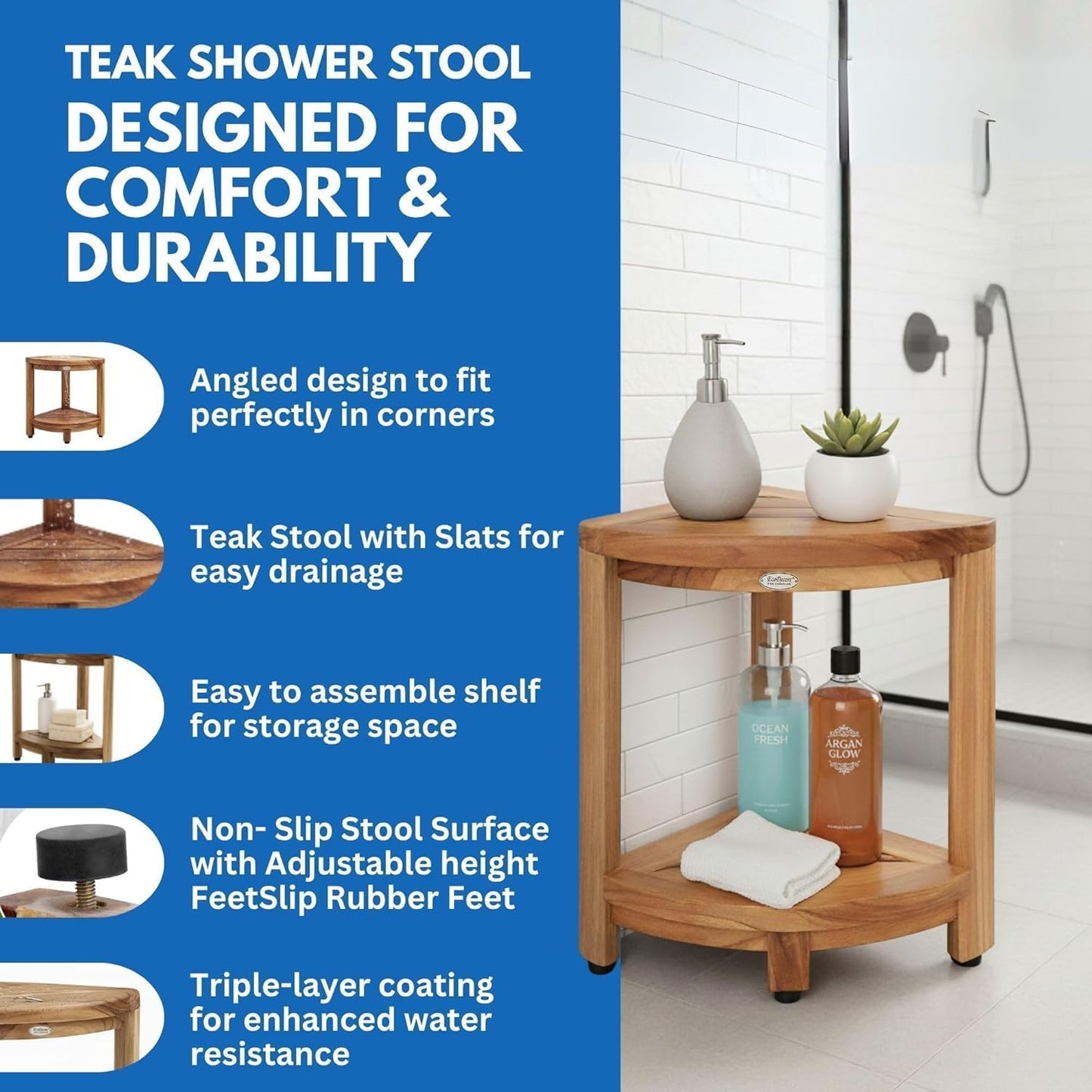 EcoDecors Fully Assembled SnazzyCorner® 18" Teak Shower Bench, Corner Shower Stool, w Shelf in Earthy Teak Finish, Compact Fit for Small Bathrooms & Walk-in Showers – Slip-Resistant Feet, Sauna Bench