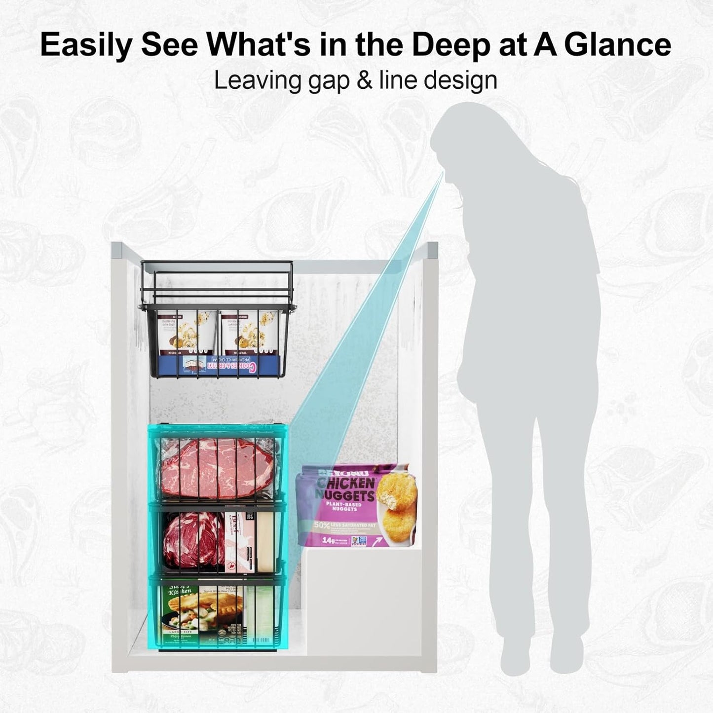 iSPECLE Freezer Organizer Bins - 17.5" Length Fit 5 Cu.FT Chest Freezer, 1 Expandable Hanging Bin & 3 Pack Stackable Deep Freezer Organizer, Sort and Get Frozen Food Easily with Handle, 4 Pack Black