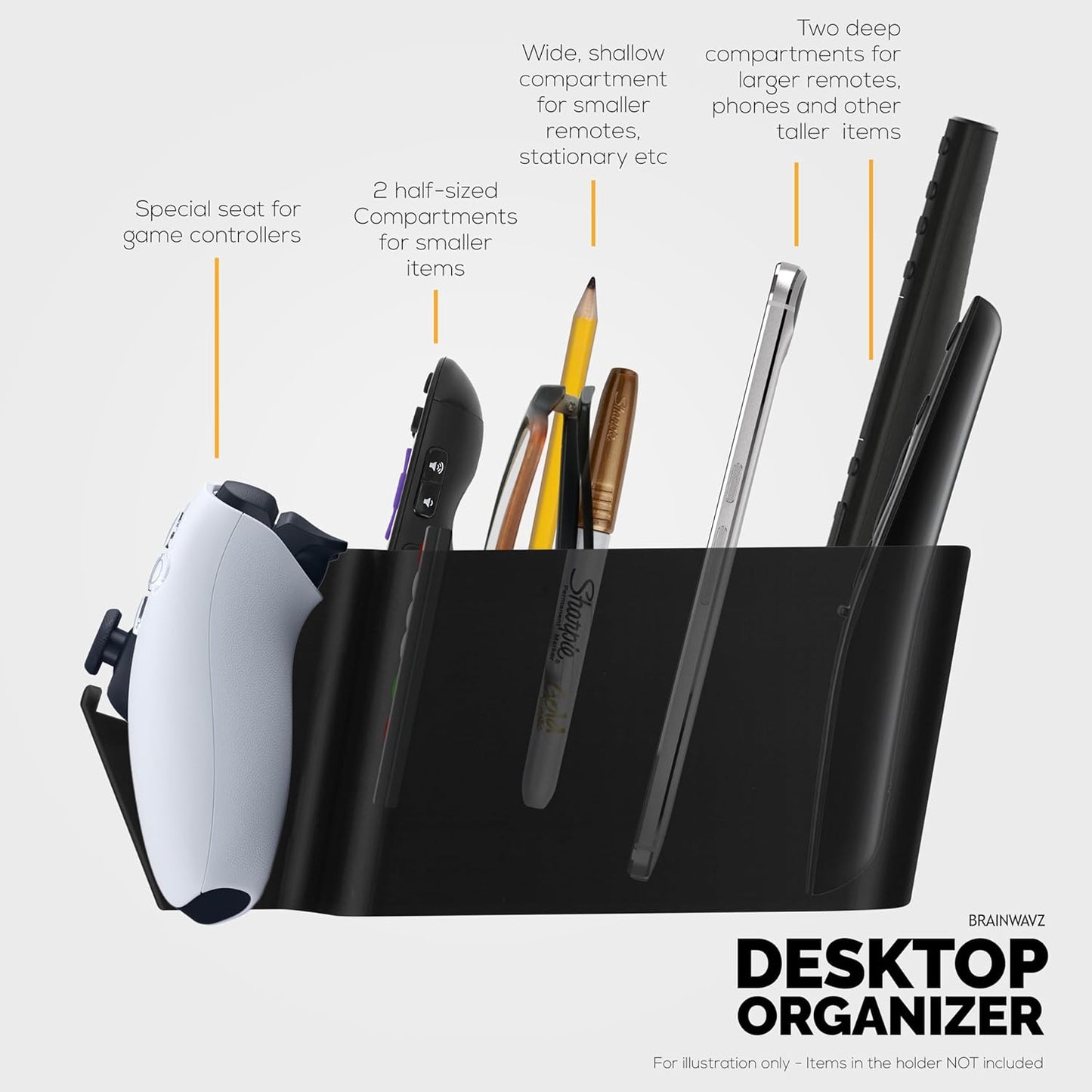 BRAINWAVZ Game Controller, Remote Control Holder & Pen Organizer, Ideal for Side Tables & Desktops (For 3 to 5 Remotes, 1 Game Controller, Pens & Stationery)