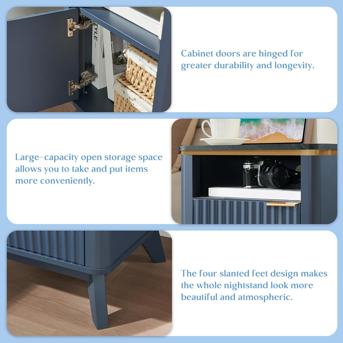 QUW Fluted Nightstands with Charging Station, 18" Modern Side Table, Wooden Bedside Table with Faux Marble Top, Open Storage, Cabinet, End Table for Bedroom, Living Room, Navy Blue
