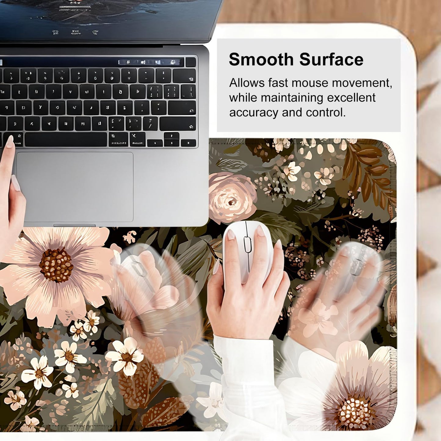 Vintage Beige Floral Mouse Pad – Large Extended Desk Mat 31.5 x 11.8 in– Neutral Retro Botanical Design, Non-Slip Rubber Base, Waterproof Surface, Oversized Keyboard & Mouse Pad for Office or Home