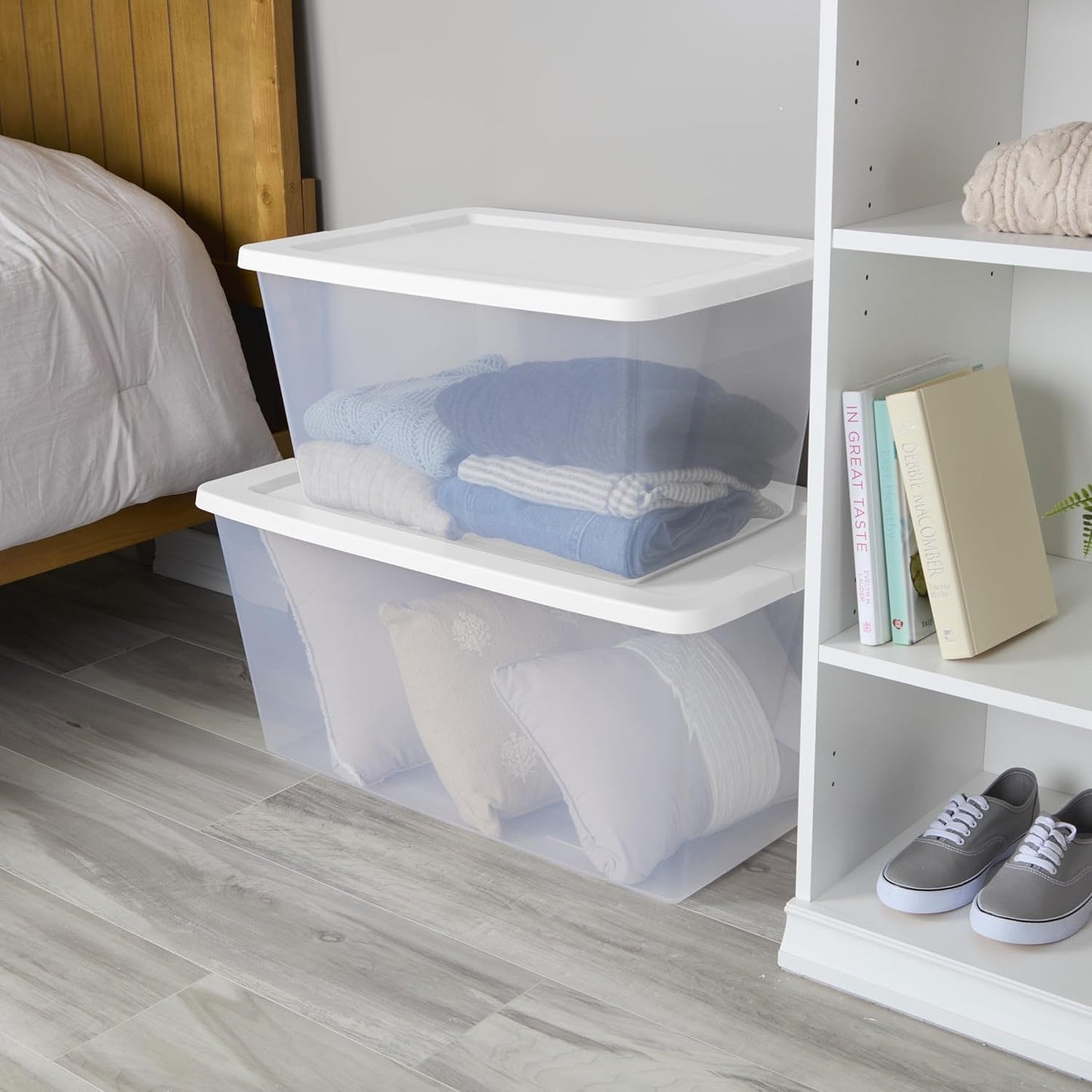 2-Pack 58 Quart Clear Storage Bins with Snap-On White Lids, Stackable Plastic Containers for Home Organization, Closet, Bedroom, Garage Storagea