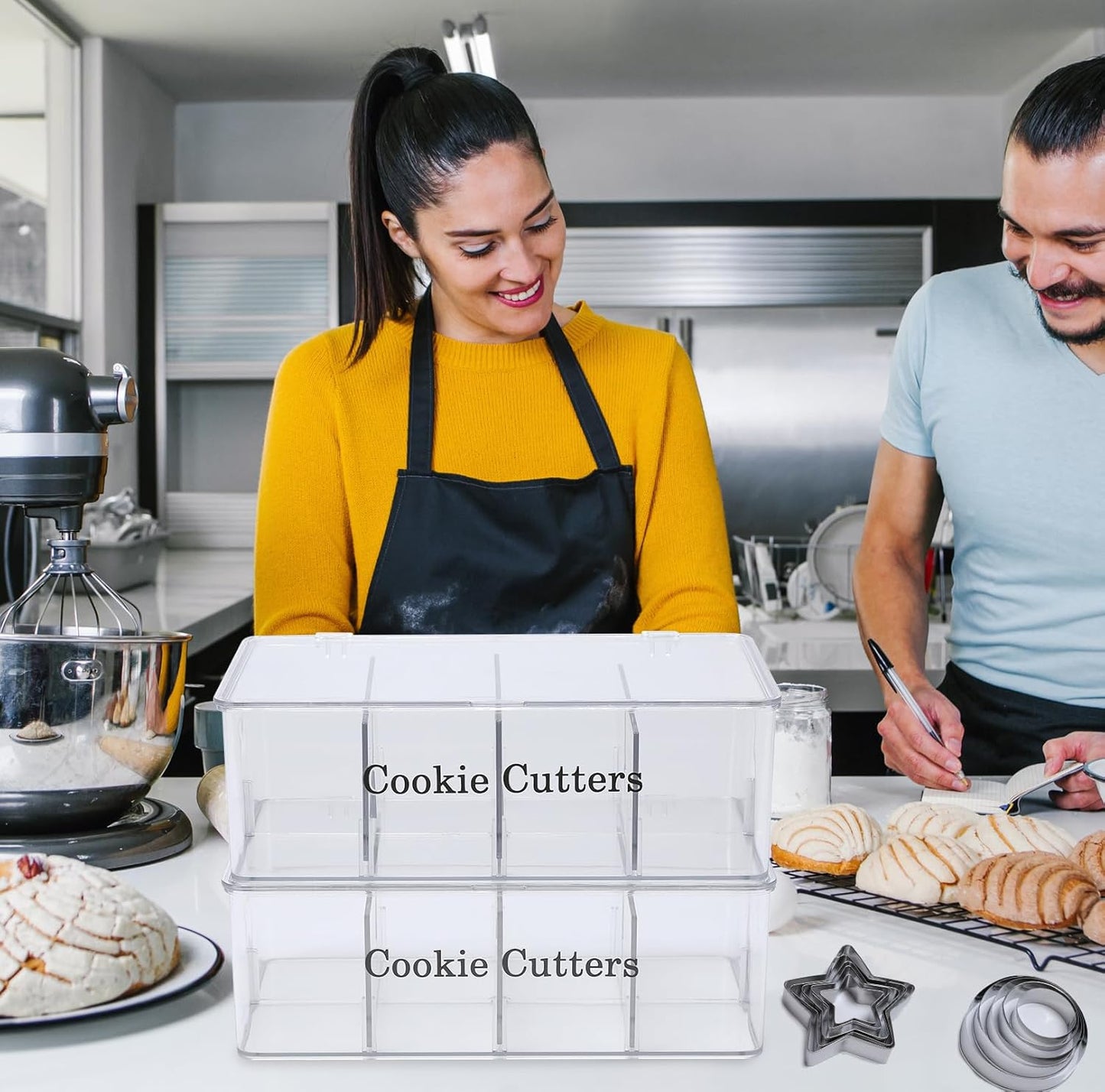 2 Pack Cookie Cutter Tool Storage Box,Cake Decorating Supplies Storage Accessories Bins,Baking Storages Containers with Dustproof Lid,Biscuits Cutter Organizer Storages with 8 Adjustable Compartment
